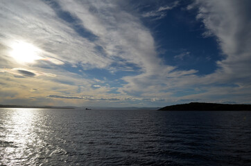 Oslofjord. View of the North Sea from Ferry from Horten to Moss connects Ostfold and Vestfold in Norway. Ferry crossing Oslofjord