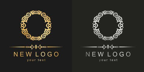 Gold and silver metal round logo frame.