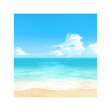 Vector illustration of tropical beach in daytime. Hand painted watercolor background.