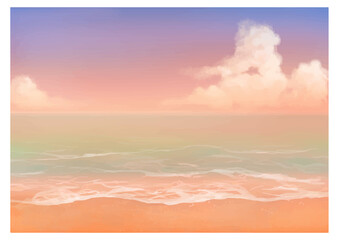 Vector illustration of tropical beach in sunset. Hand painted watercolor background.