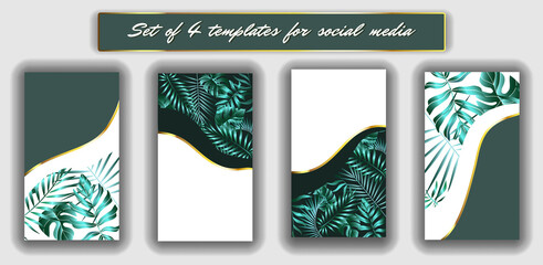 4 Tropical templates for social media.
 
Tropical leaves social media frames. 
4 Instagram Stories template kit. Vector design backgrounds for smartphone. Jungle foliage backdrop.