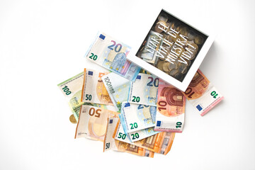 Fototapeta na wymiar European currency money euro banknotes, credits, leasing. Save money on travel, white background