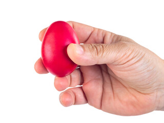 Red Easter egg in woman's hand isolated on white