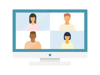 Computer with group of people taking in video conference. Online meeting with multicultural friends. Vector illustration isolated on white.