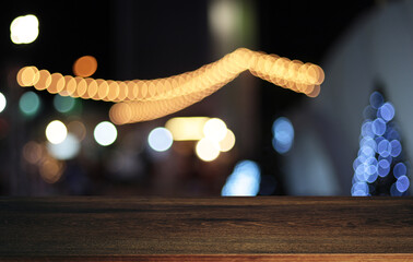 Wood Table Top in Blur Background room interior with empty copy space.