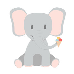 Cute grey elephant with ice cream. Cartoon style. Good for kids. Vector
