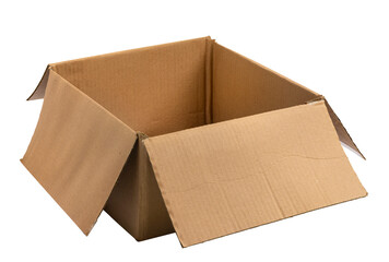 Isolated brown paper box on white background, old opened box, hard crepe paper. Wide and short shape used container big box with some damages.