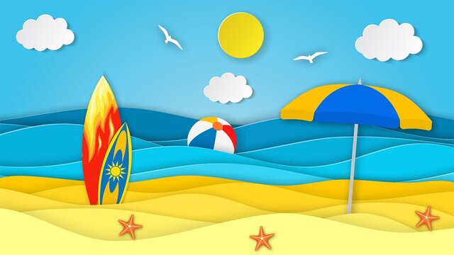 Sea landscape with beach, surfboard,umbrella, waves, clouds. Paper cut out digital craft style. abstract blue sea and beach summer background with paper waves and seacoast. Vector illustration