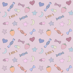 Seamless pattern with candies, hearts, moons, stars and strawberries on a pink isolated background. Great for pajamas textile and wrapping paper. Comfortable and cozy artwork. 