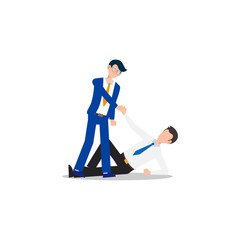 Cartoon character illustration of business friend helping each other. Business man giving hand to help another business man who fall down. Flat design concept isolated on white.
