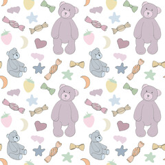 Seamless pattern with two bears, candies, strawberry and other cute objects on a white background. Pastel color range. Great for kids’ clothes, nightclothes, pajamas and wrapping paper.
