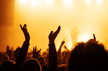 silhouette of a cheerful dancing crowd at a music festival in the light of spotlights. concert...
