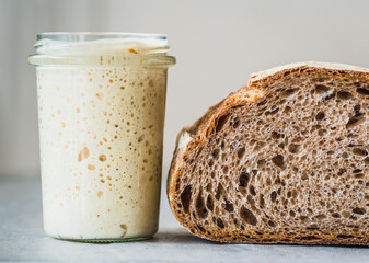 Sourdough, homemade baking background copy space. Yeast dough and fresh baked bread.