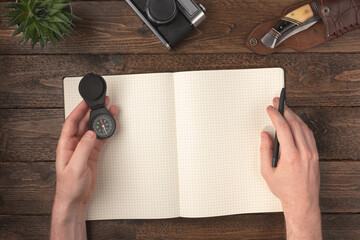 Travel planning concept. Hands holding compas with knife, vintage camera, compas and blank notepad on wooden table background. © Konstantin Maslak