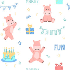 Seamless pattern with fun hippos. Animals dance, jump on the holiday. Cartoon vector illustration.