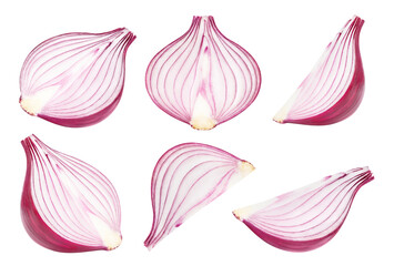 Collection of delicious red onion pieces, isolated on white background