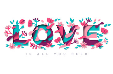Love typography design with abstract leaves and flowers isolated on white background. Vector illustration. Colorful floral elements for Valentines day print.