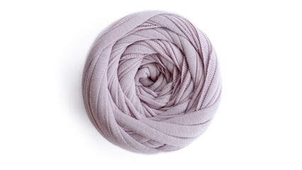 Grey T shirt ball of yarn as craft supplies for knitting patterns on white background
