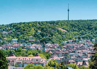 Beautiful panoramic Stuttgart, Germany city  view with the TV Tower houses seen from Karlshöhe