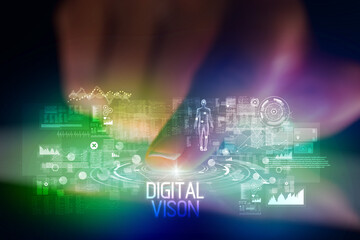 Finger touching tablet with web technology icons and DIGITAL VISON inscription