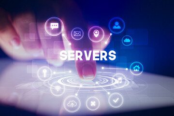 Finger touching tablet with web technology icons and SERVERS inscription, web technology concept