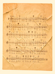 Music sheet background, old vintage paper texture, retro musical staff page, broken edges
