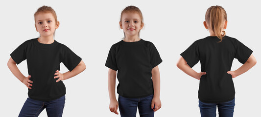 Set of black t-shirts on a cute baby, front and back view, isolated on background.