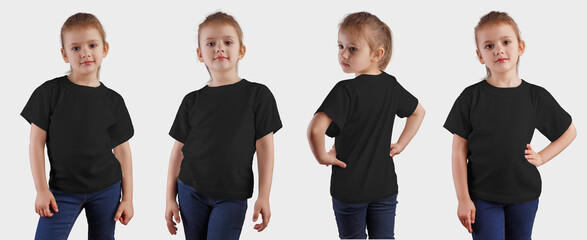 Mockup black t-shirt on a pretty girl, front and back view, empty clothes on a child for design...