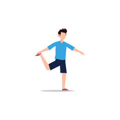 Cartoon character illustration of people healthy living relaxing wellness lifestyle. Flat design of young man stretching his leg isolated on white.