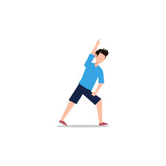 Cartoon character illustration of people healthy living relaxing wellness lifestyle. Flat design of young man doing side bend exercise isolated on white.