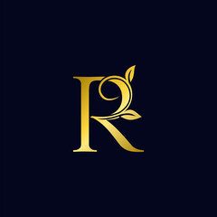 Luxury R Initial Letter Logo gold color, vector design concept ornate swirl floral leaf ornament with initial letter alphabet for luxury style