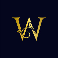 Luxury W Initial Letter Logo gold color, vector design concept ornate swirl floral leaf ornament with initial letter alphabet for luxury style