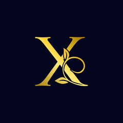 Luxury X Initial Letter Logo gold color, vector design concept ornate swirl floral leaf ornament with initial letter alphabet for luxury style