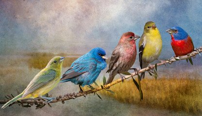 Variety of Colorful Songbirds Perched on Bottlebrush Branch Against Muted Marsh Background