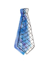 Watercolor illustration of tie. Isolated on white background striped element for Father's Day. Hand drawn blue necktie Suitable for greeting card, invitation, poster, banner. Elegant stylish accessory