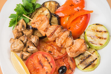 Grilled vegetables . Chicken kebab. Grilled vegetables on a white plate