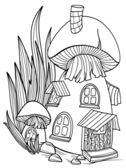 fungi houses in the grass coloring book outline graphics fantasy magical vector illustration isolate on a white background postcard for children antistress