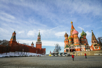 Moscow/Russia - February 16, 2017: Red square is an important landmark where have many iconic of Russia are located such as  Saint Basil's Cathedral and Kremlin Palace. - 357214506