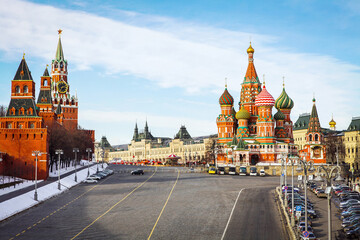 Moscow/Russia - February 16, 2017: Red square is an important landmark where have many iconic of Russia are located such as  Saint Basil's Cathedral and Kremlin Palace. - 357214546