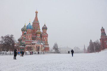 Moscow / Russia - February 17,  2017: Saint Basil's Cathedral is a very important iconic landmark of Russia where is located at Red square near Kremlin Palace   - 357214584