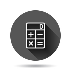 Calculator icon in flat style. Calculate vector illustration on black round background with long shadow effect. Calculation circle button business concept.