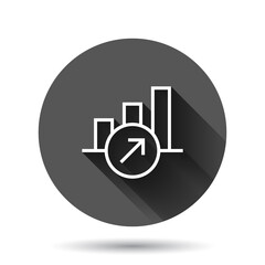 Market trend icon in flat style. Growth arrow with magnifier vector illustration on black round background with long shadow effect. Increase circle button business concept.