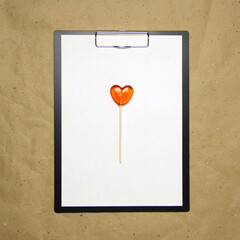 The tablet with a clip for the clip of paper with a white sheet a4. On top lies a caramel lollipop of orange red in the shape of a heart. Place for text, copy space and layout for design