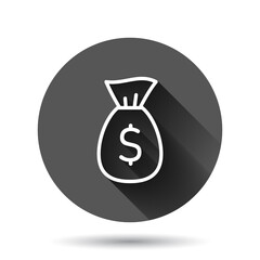 Money bag icon in flat style. Moneybag with dollar vector illustration on black round background with long shadow effect. Cash sack circle button business concept.