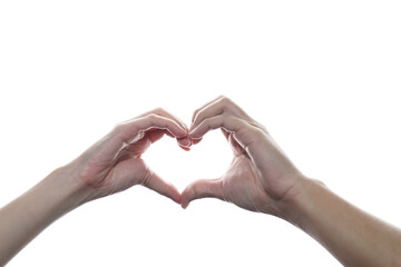 Man and Woman holding hands in heart shape, a sign of love on white isolated background.