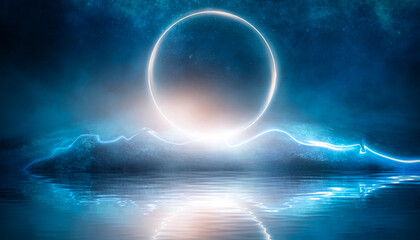 Futuristic night landscape with abstract landscape and island, moonlight, shine. Dark natural scene with reflection of light in the water, neon blue light. Dark neon  background.
