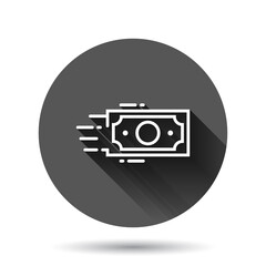 Money stack icon in flat style. Exchange cash vector illustration on black round background with long shadow effect. Banknote bill circle button business concept.