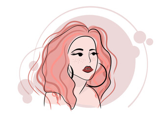Beautiful woman face makeup vector fashion illustration. Young girl sketch. Graphic line female portrait. Pretty woman with long hair and red lipstick. Model silhouette