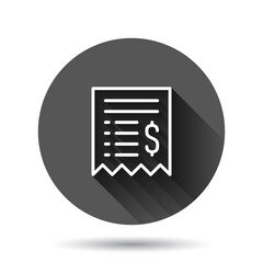 Fototapeta premium Money check icon in flat style. Checkbook vector illustration on black round background with long shadow effect. Finance voucher circle button business concept.