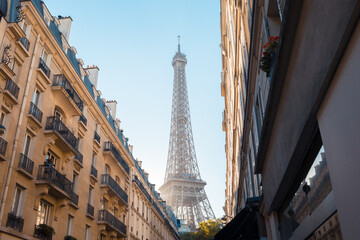 Fototapeta na wymiar Street view with Eiffel Tower / Tour Eiffel and Parisian buildings, Paris, France